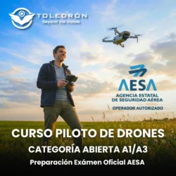 Imagen de producto del curso de piloto de drones categoría abierta A1/A3 de Toledrón, mostrando a un piloto con un dron tipo Mini y textos informativos sobre la preparación del examen de AESA