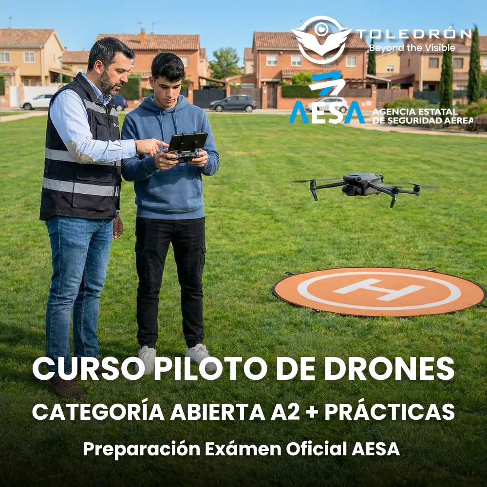 Instructor profesional de Toledrón enseñando maniobras de vuelo a un alumno con un dron sobre plataforma de aterrizaje