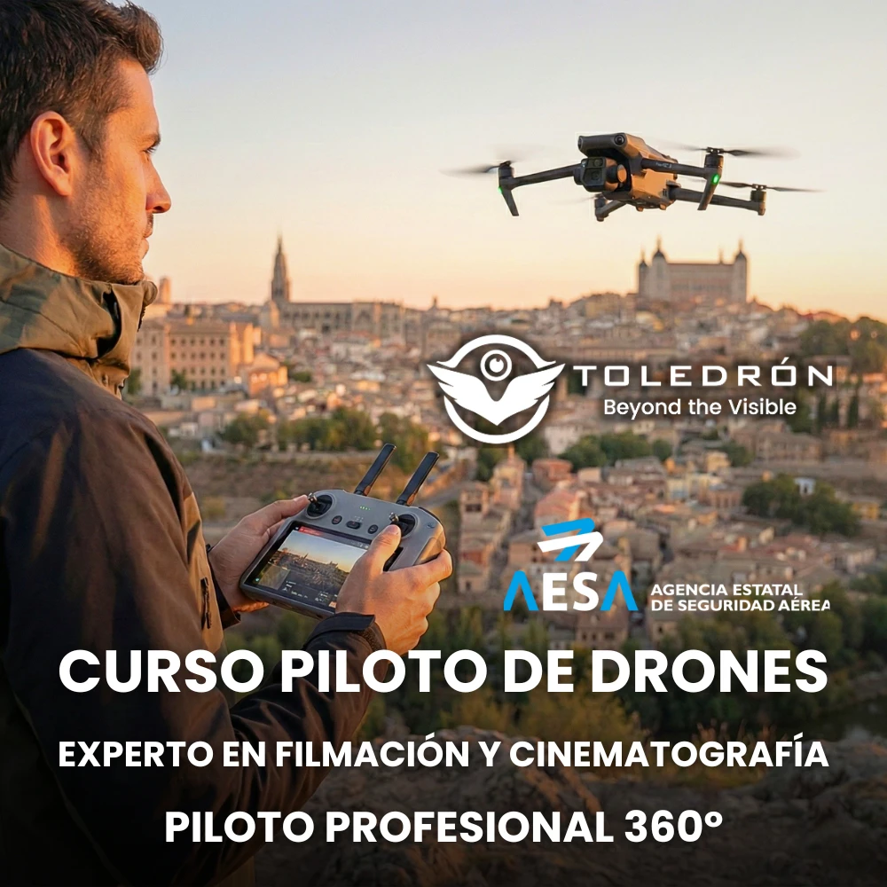 Piloto de drones realizando filmación cinematográfica al atardecer con formación en gestión aeronáutica de Toledrón.